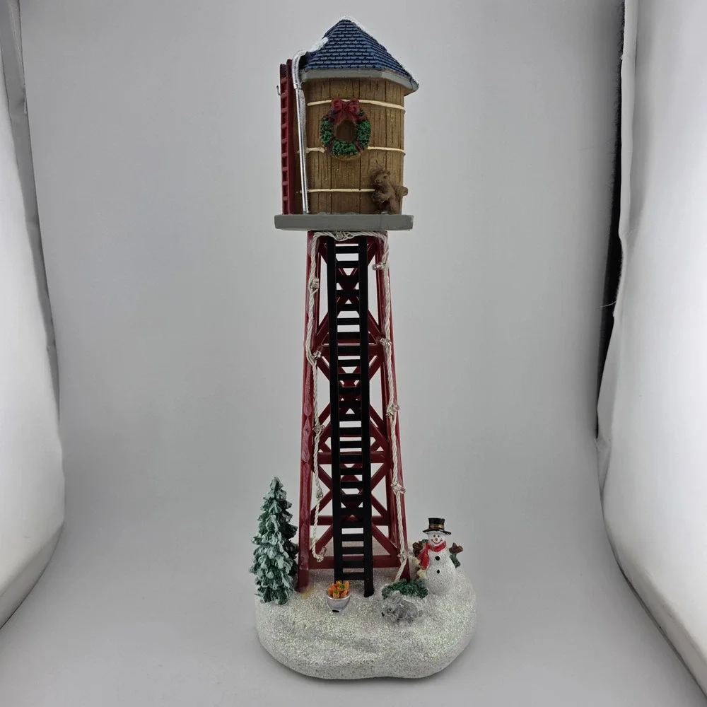 Holiday Time Christmas Village Water Tower Snowman Red Brown Winter Wonderland